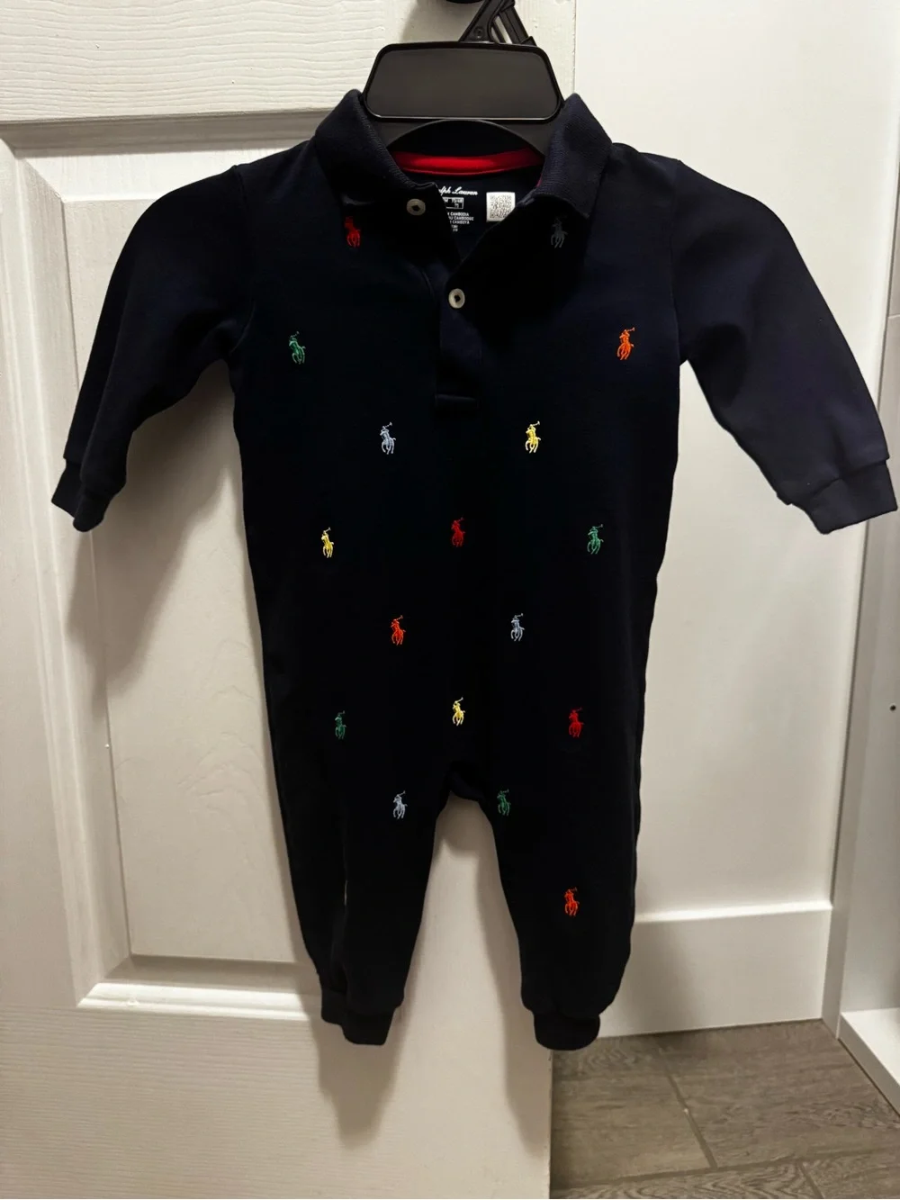 Ralph Lauren Navy Polo One-Piece with Multicolor Pony Embroidery